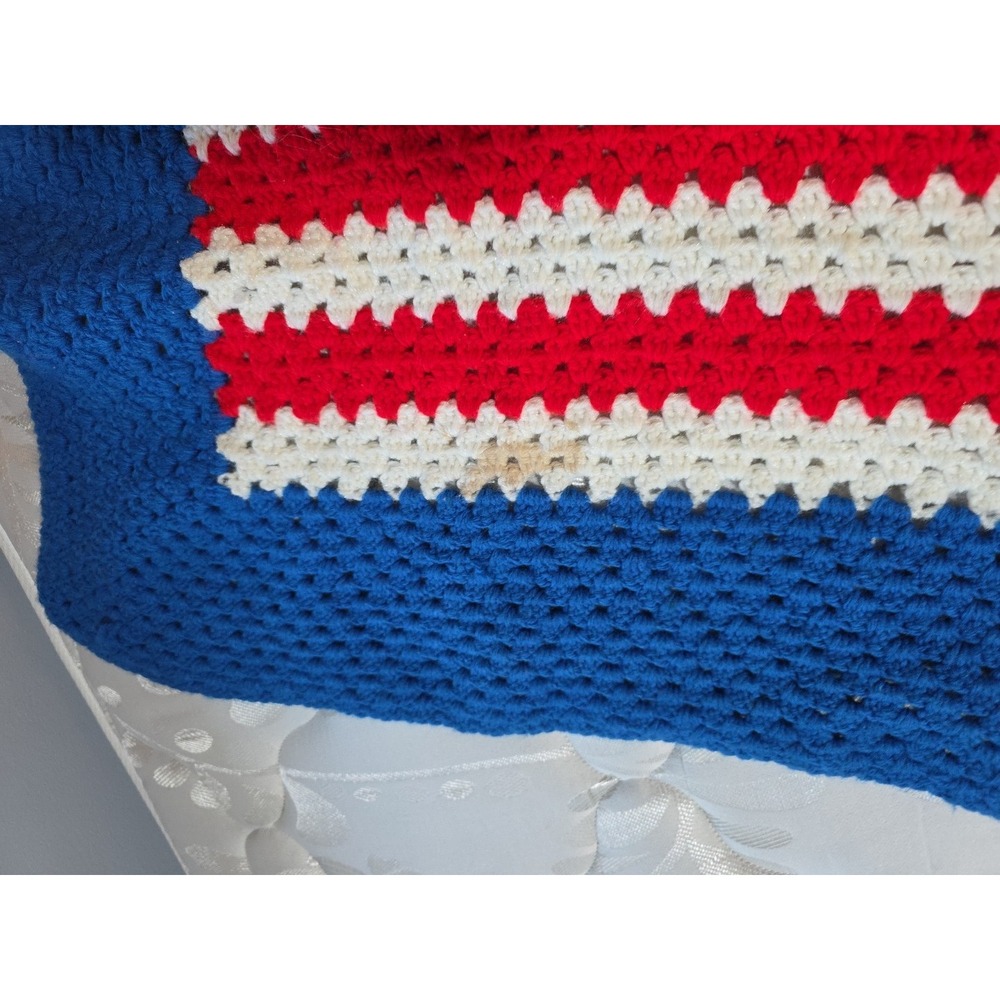 Crochet Afghan Blanket Throw Red White Blue Striped rectangle 55x49" Granny Core - Picture 3 of 6